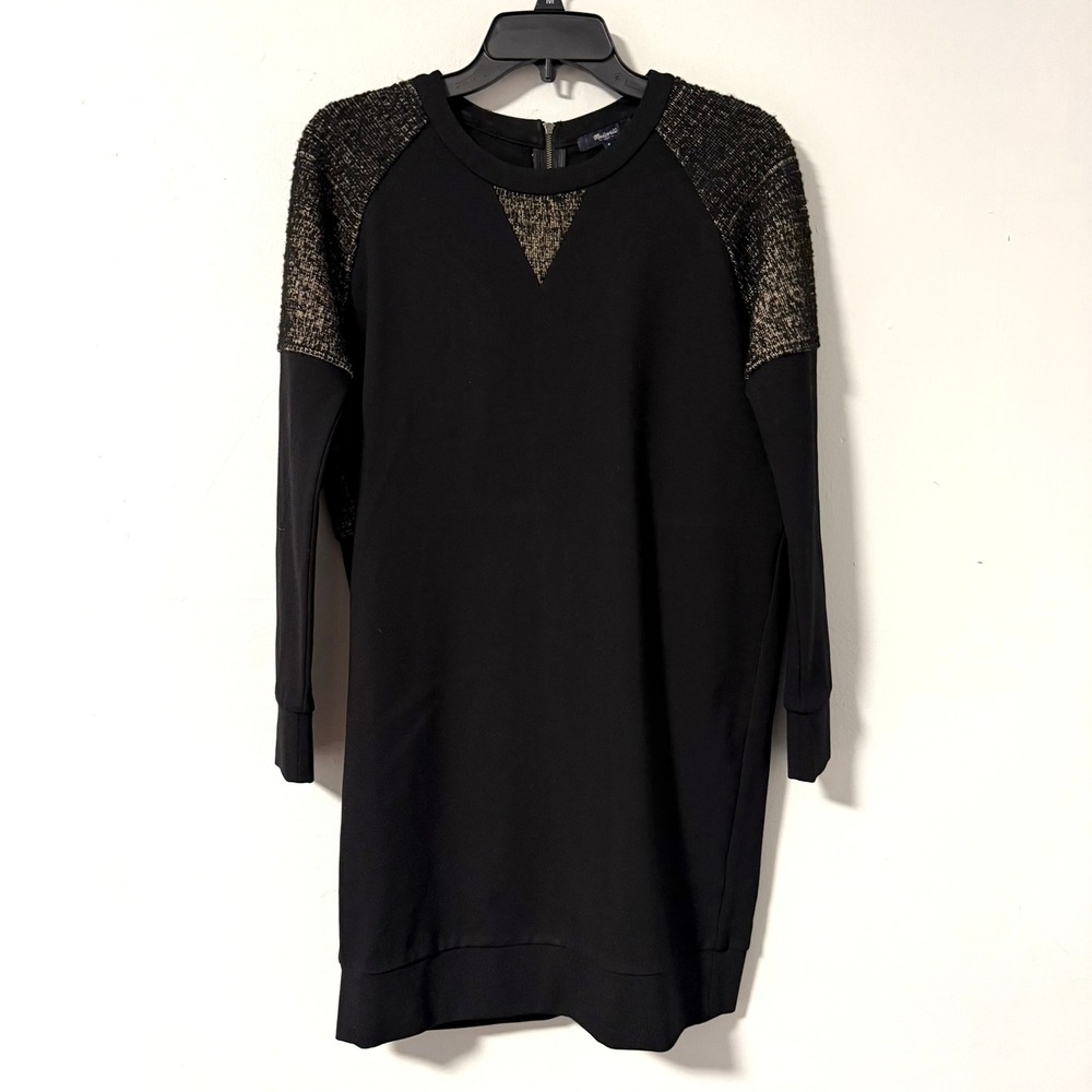 Madewell Womens Black Ponte Baseball Shift Dress‎ Tweed Mixed Material Small